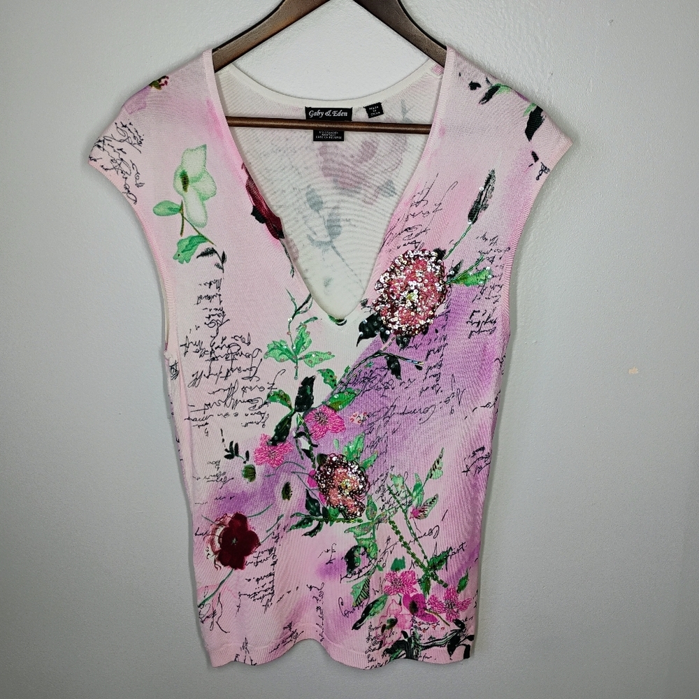 Gaby & Eden Y2K Floral Sequin Top Womens Small Pink Deep‎ V Neck Coquette Beaded